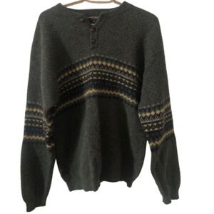 Vintage Green Fair Isle Quarter Button Up Crewneck Wool Sweater Medium